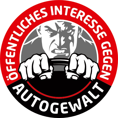 Das Bild zeigt ein Logo mit dem Text "Öffentliches Interesse gegen Autogewalt" und einer stilisierter, wütender Person, die etwas festhält.