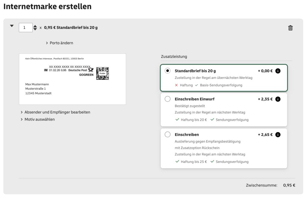 Die Seite zeigt die Erstellung einer Internetmarke, wobei ein Standardbrief bis 20g für 0,95€ ausgewählt ist. Zusatzleistungen wie Einschreiben können hinzugefügt werden. Details zu Absender und Empfänger sowie das Motiv können bearbeitet werden.
